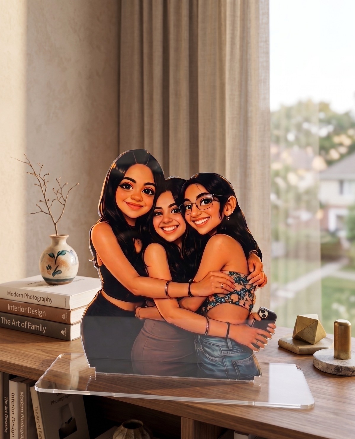 Personalised illustrated standee in a home setting